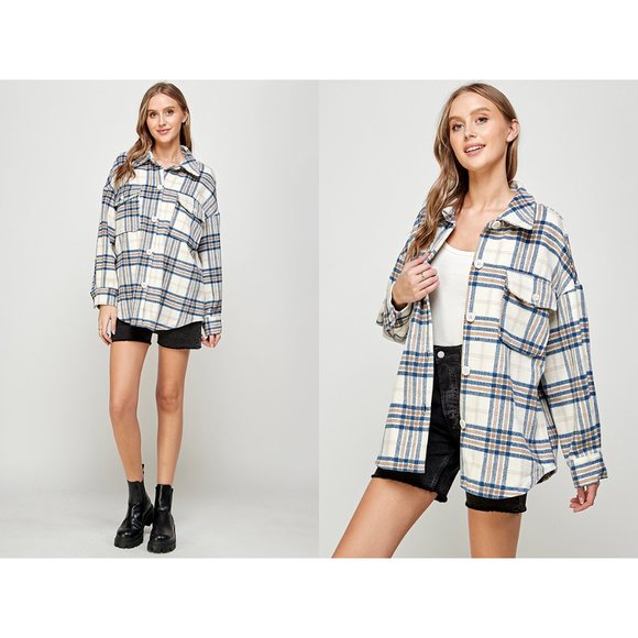 🔥SALE🔥 Women's Long Sleeve Plaid Jacket S~3XL (BLUE/TAUPE) - Picture 2 of 2